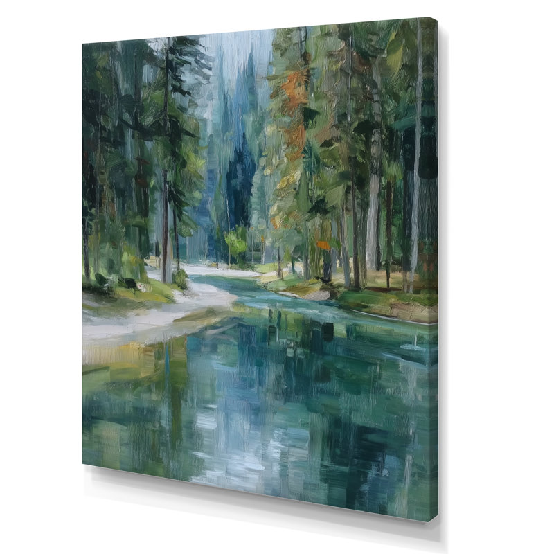 «Pine Trees Fraser River Calming Current», art sur toile, paysage vert, H 32 po x l 24 po, Toile tendue, Ne s’applique pas