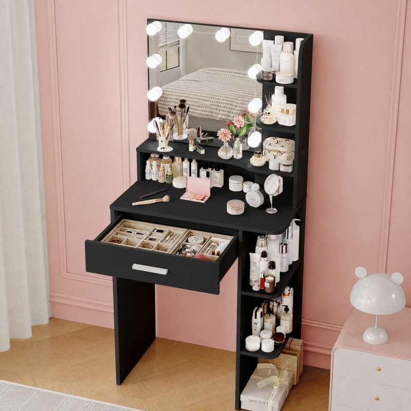 Manufactured Wood Makeup Vanity with LED Mirror and Storage Shelves , Black