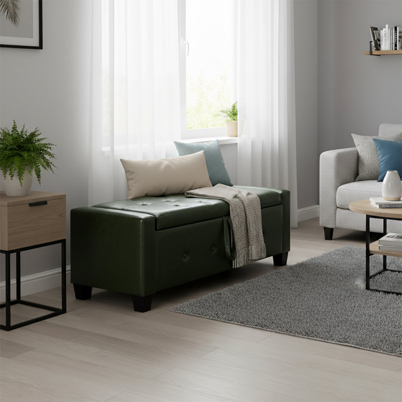Banc de rangement rembourré en similicuir, Vert foncé