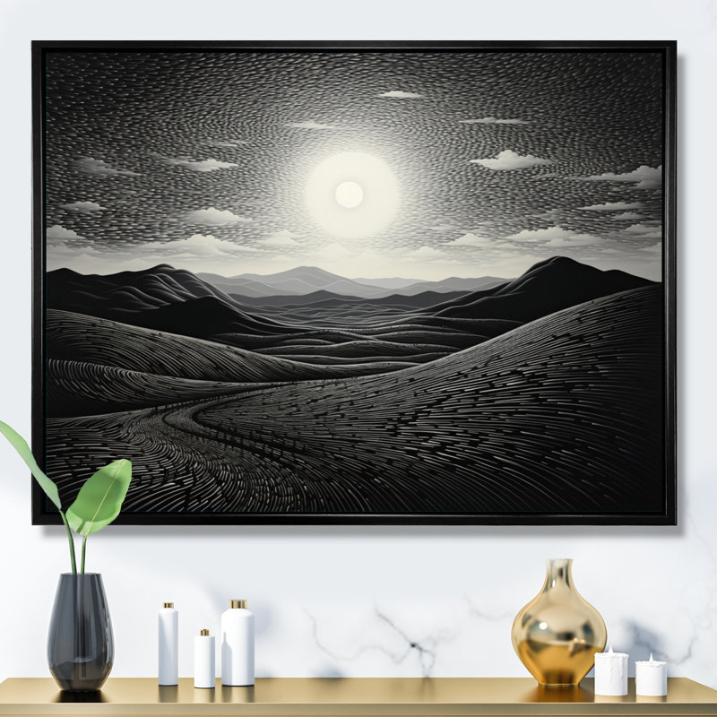 Désert majestueux pointillisme monochrome sur toile, H 16 po x l 32 po x P 1 po, Cadre flottant noir