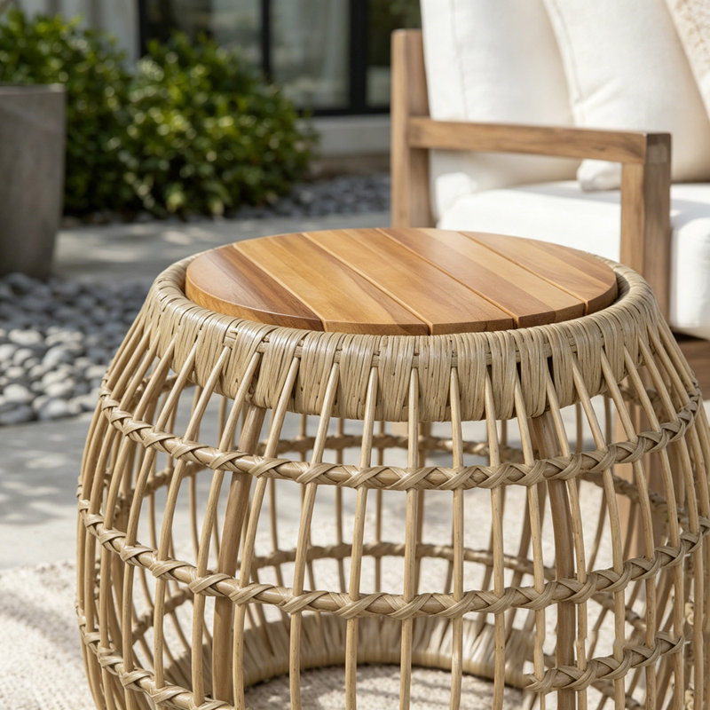 Table d'appoint d'extérieur en bois d'acacia avec base en osier