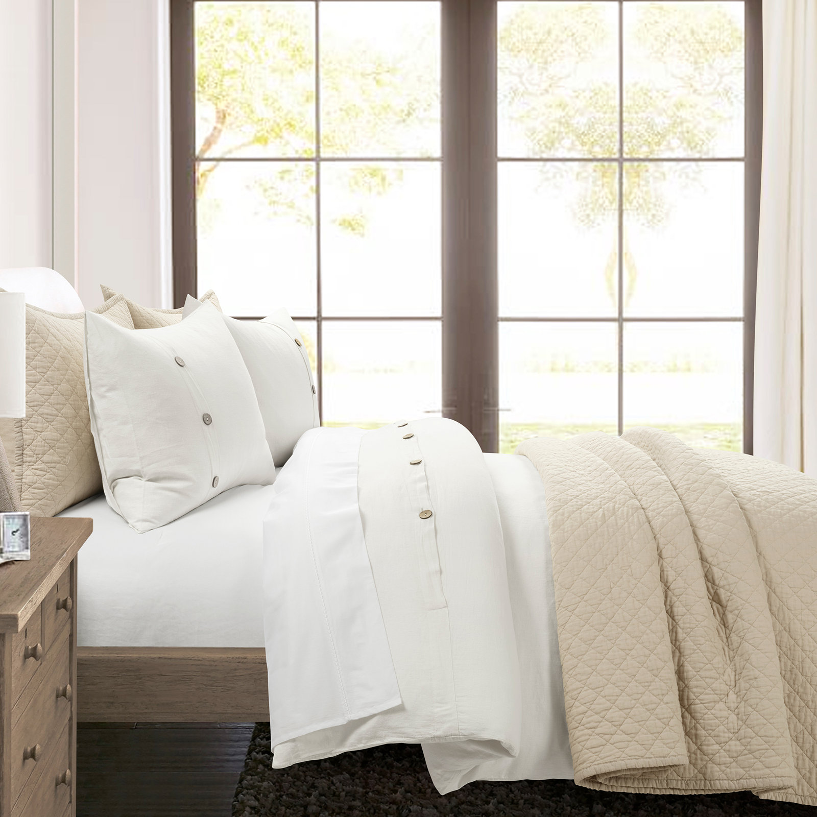 Linen Blend Duvet Cover Set, Queen Duvet Cover + 2 Shams, White
