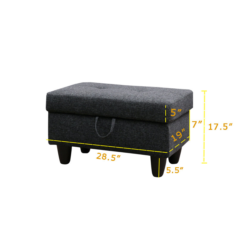 Linen Blend Upholstered Storage Bench, Black Gray