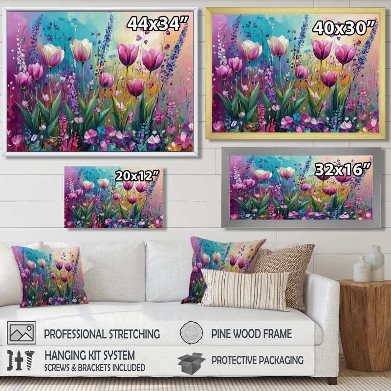 Iolia Fantasy, lavande et tulipes champ II - tulipes, art mural, H 30 po x l 40 po, Ne pas appliquer, Toile tendue