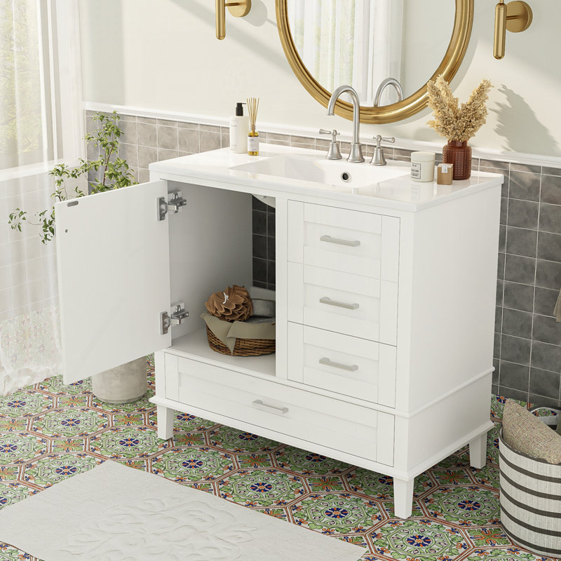 Meuble-lavabo moderne 36 po avec cadre en pin massif, 1 porte à fermeture douce et 3 tiroirs, armoire de rangement moderne