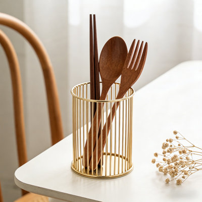 Gold Metal Pen Holders For Desk Round Wires Makeup Brush Organizer Multi Use Office Supplies Storage Container For Home And Office