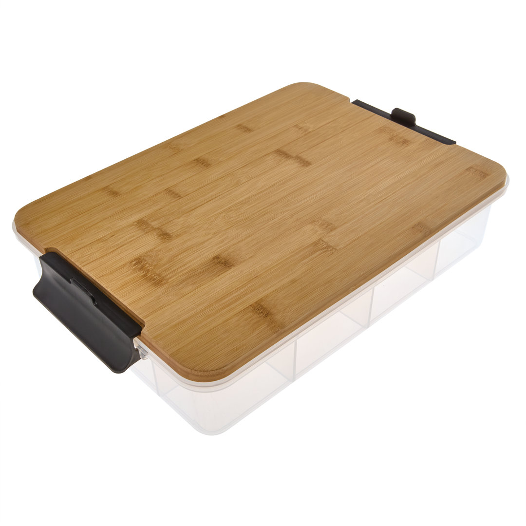 Farberware Large SnackleBox Bamboo Board and Box, Multi-Purpose Portable Snack Box with 11 Snack Dividers, Rectangle Chopping Board Lid and Black Lock