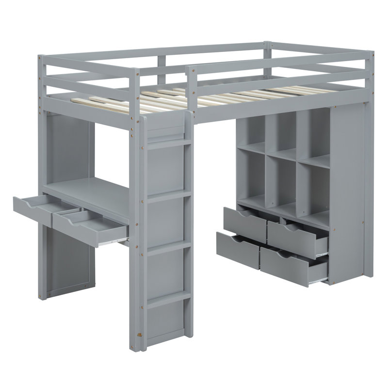 Lit mezzanine simple gris avec tablettes, bureau et lampe à DEL, Gris, Lit simple