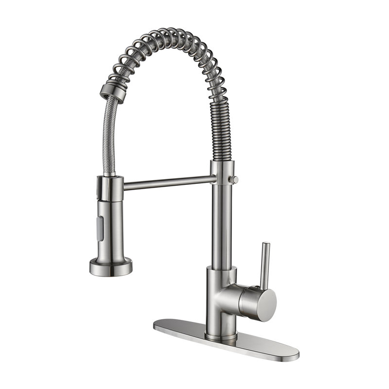 Robinet de cuisine rétractable à poignée simple avec plaque de pont, Nickel brossé