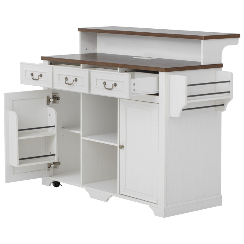 Îlot de cuisine à deux niveaux de 53,2 po avec prise de courant, 3 tiroirs, tablettes réglables, 4 supports de porte et base roulante, îlot de rangement pour armoire de bar rustique
