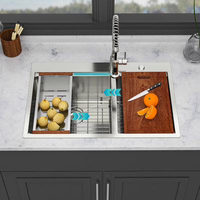 Évier de cuisine encastré à double cuve 60/40 33 po x 22 po x 10 po, acier inoxydable T304 de calibre 16 avec finition nickel brossé, guide d'eau en forme de X pour une circulation fluide, coin arrondi R10, revêtement