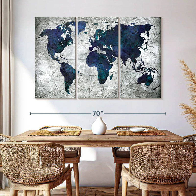 Ensemble de carte du monde sur toile 3 pièces, H 42 po x l 65 po x P 1,25 po