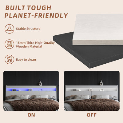 QUEEN Size White Headboard Only with Storage, LED Light, Storage Shelves, Power Outlets, USB Ports & Skirting Slot