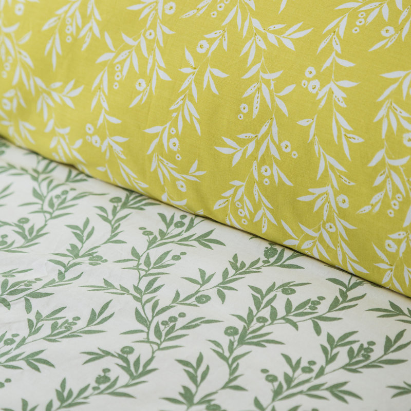 Cotton Duvet Cover with Pillowcases Included, Olive Green, Kingsize - 2 Standard Pillowcases, Floral