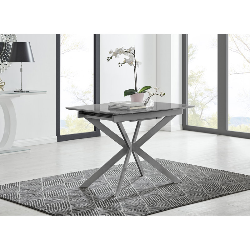 Eubanks Modern High Gloss Extendable Dining Table Set with x6 Luxury Faux Leather Dining Chairs, Grey