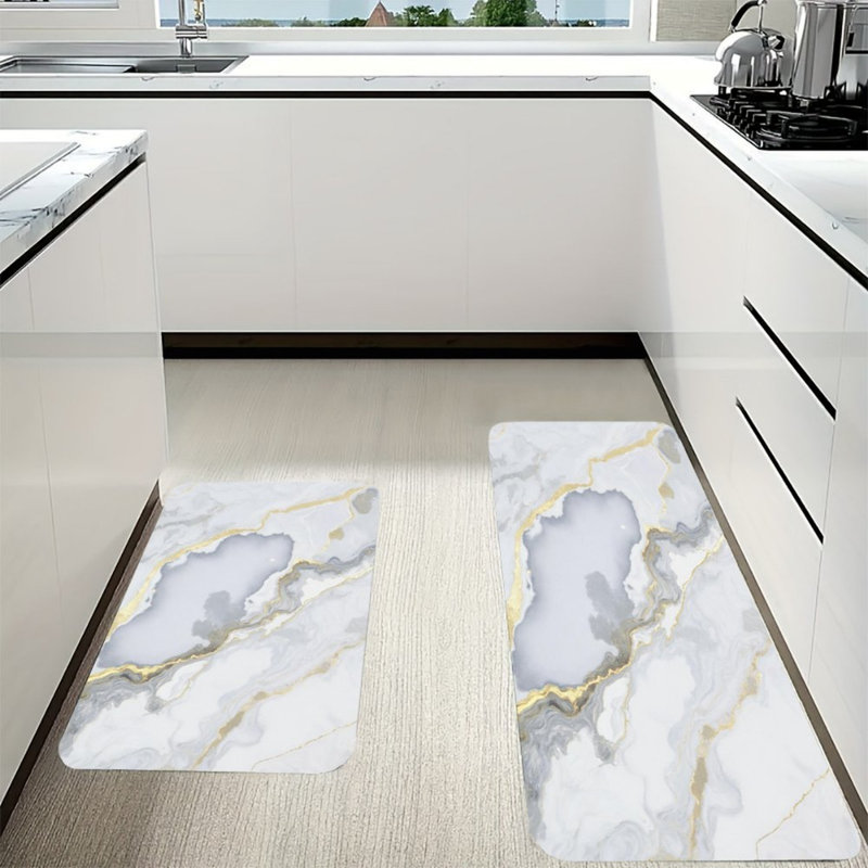 Tapis de cuisine en marbre blanc doré, ensemble de 2 tapis modernes pour la cuisine et la salle de bain