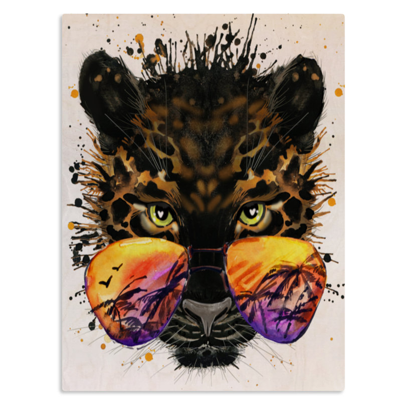 Drôle de jaguar avec lunettes de soleil - reproduction d'art, H 12 po x l 8 po x P 1 po, Bois de pin