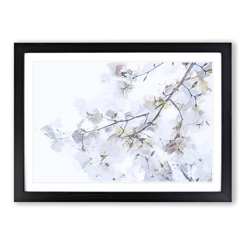 Branch of a White Magnolia Tree in Abstract - Picture Frame Painting Print on MDF, Black Framed, 36cm H x 48cm W x 2cm D