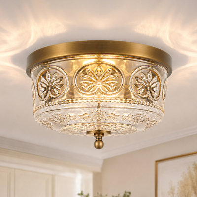 Vintage Bronze Antique Flush Mount Ceiling Light Fixture, 12 Inch 2-Light, Unique Patterned Hd Thickened Glass, Farmhouse Ceiling Light For Kitchen, Entryway, Foyer, Hallway