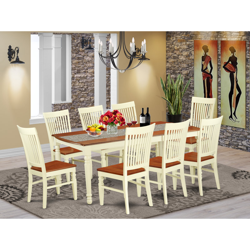 9 Piece Dining Room Furniture Set Includes a Rectangle Kitchen Table with Butterfly Leaf and 8 Dining Chairs, Buttermilk & Cherry