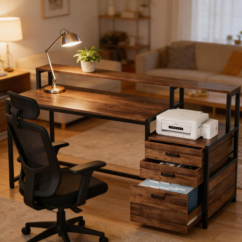 Bureau, bureau d'ordinateur spacieux, bureau d'écriture avec support pour écran surélevé, Noir / brun rustique