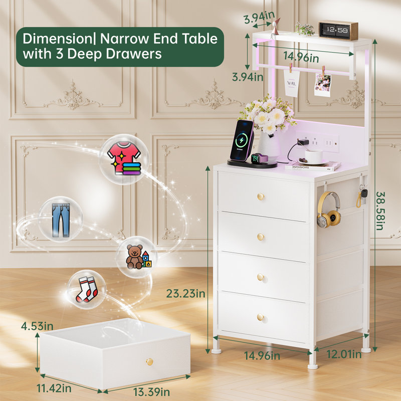 Tall Nightstand with Charging Station & LED Light, 4-Drawer Dresser Bedside End Table for Bedroom