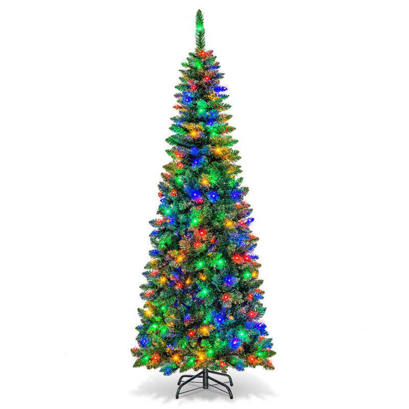 Arbre de Noël 7,5 pi avec 250 lumières à DEL blanches artificielles pré-éclairées en PVC 7,5 pi - Design mince à deux tons, facile à assembler pour la maison, le bureau et les fêtes (vert, 743 pointes)