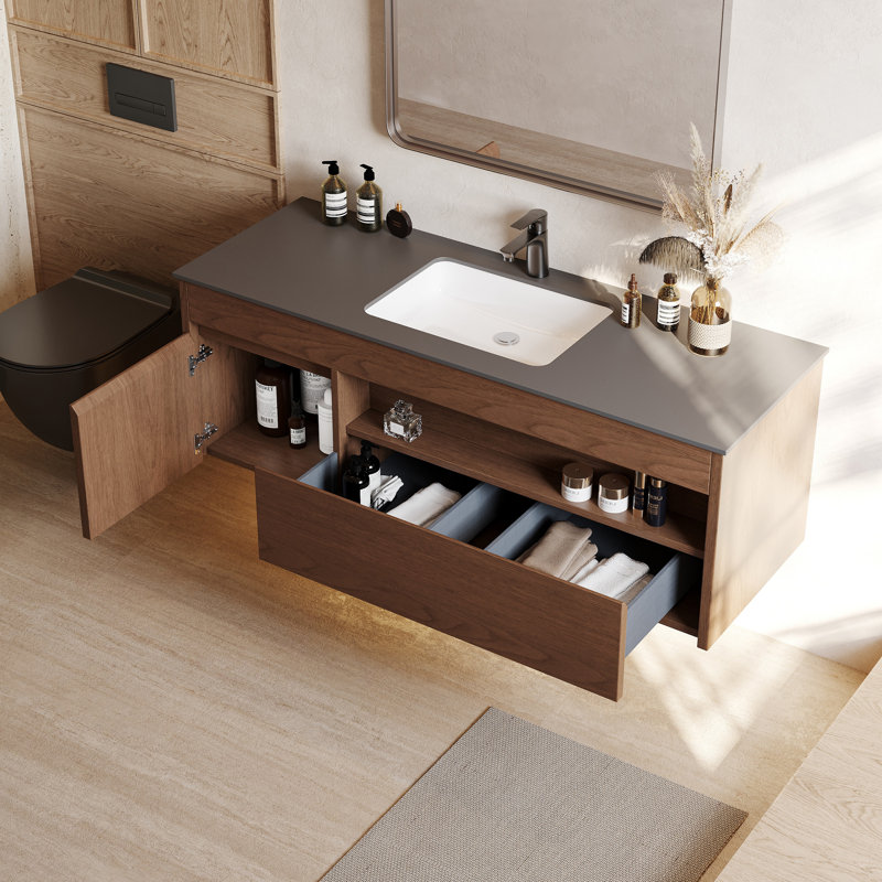 47.24'' Single Bathroom Vanity with Stone Top Solid Wood Wall Bathroom Vanity with Undermount Bathroom Sink Bathroom Storage Cabinet