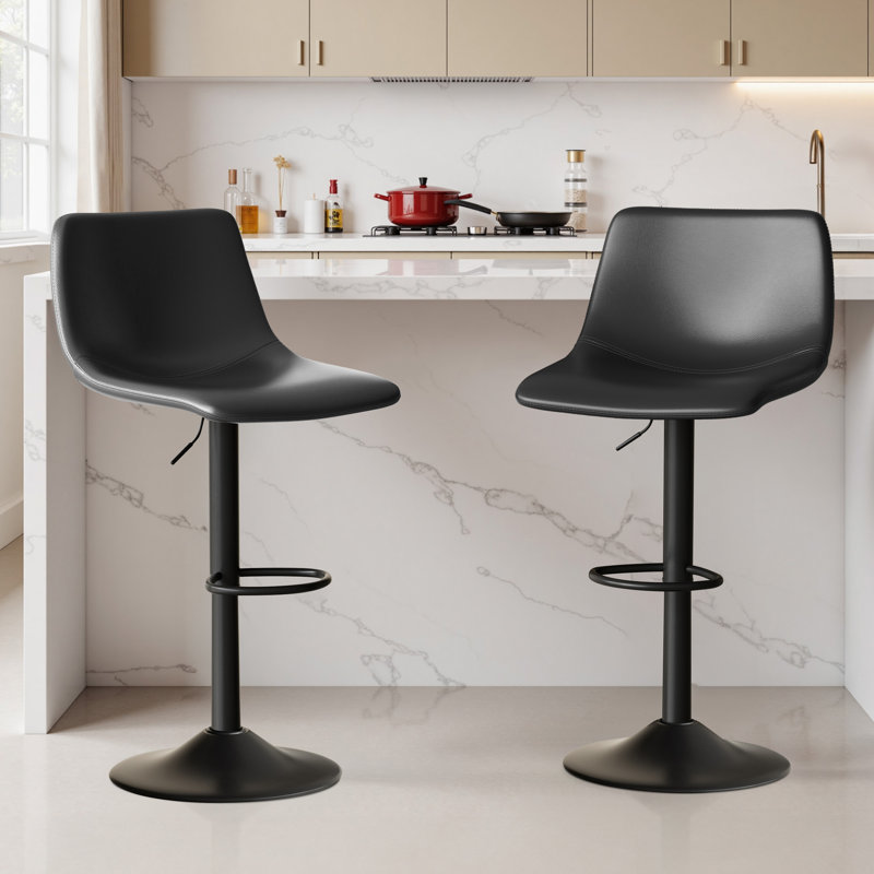 Bar Stools Set of 2, Adjustable Swivel Counter Height Chairs with PU Leather Seat and Footrest, Black Seat / Black Frame, 2