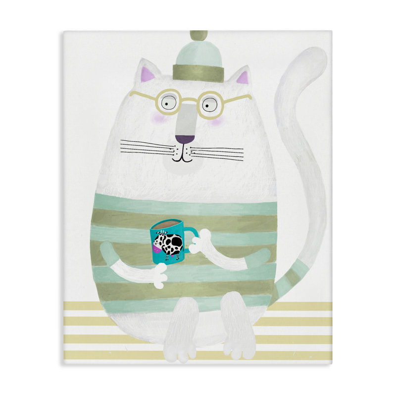 Chat avec une tasse de vache, toile par Carla Daly, H 20 po x l 16 po
