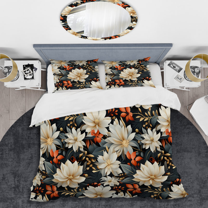 Ensemble de housse de couette à motif géométrique beige et blanc à motif floral beige et blanc