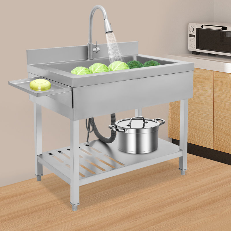 Stainless Steel Single Bowl Kitchen Sink With Pull-Out Faucet, Silver