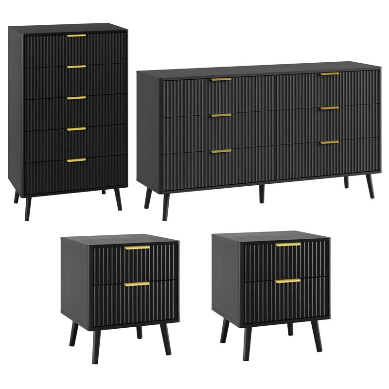 4 Piece Bedroom Set, Dresser And Nightstands Set, Black