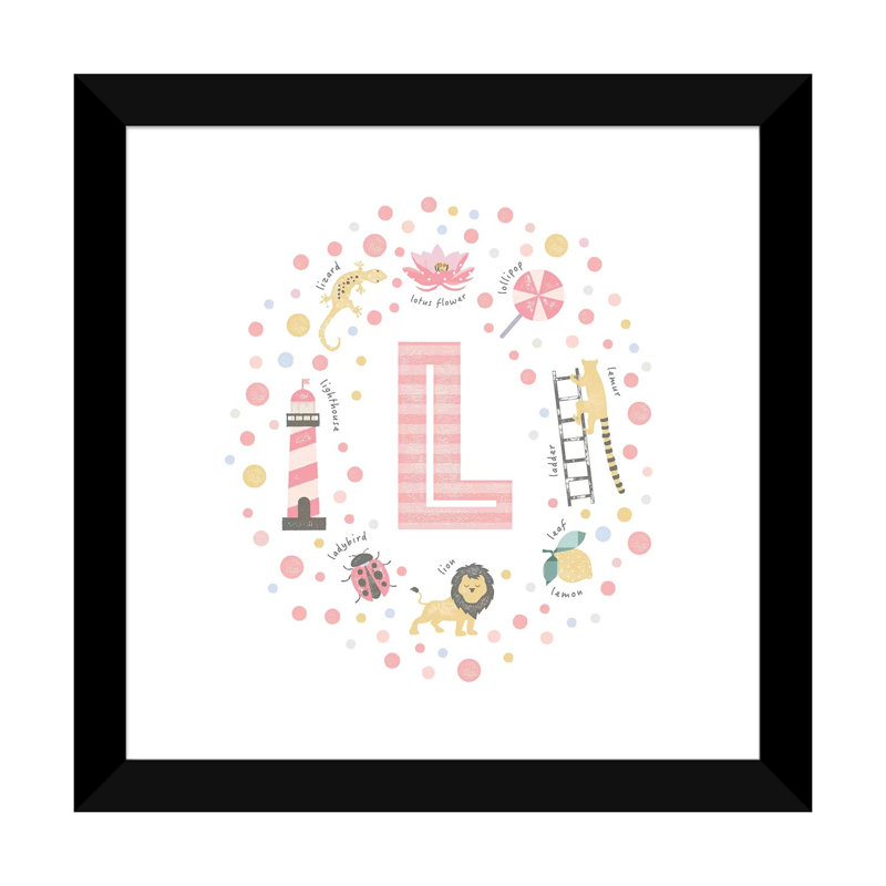 Lettre illustrée L rose - impression, H 16 po x l 16 po x p 1 po, Papier encadré noir, Blanc