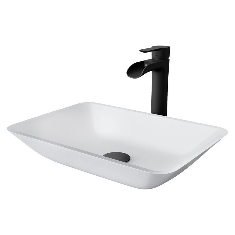 Onyx Rectangular Glass Vessel Bathroom Sink with 11" H Faucet, Matte Black, White