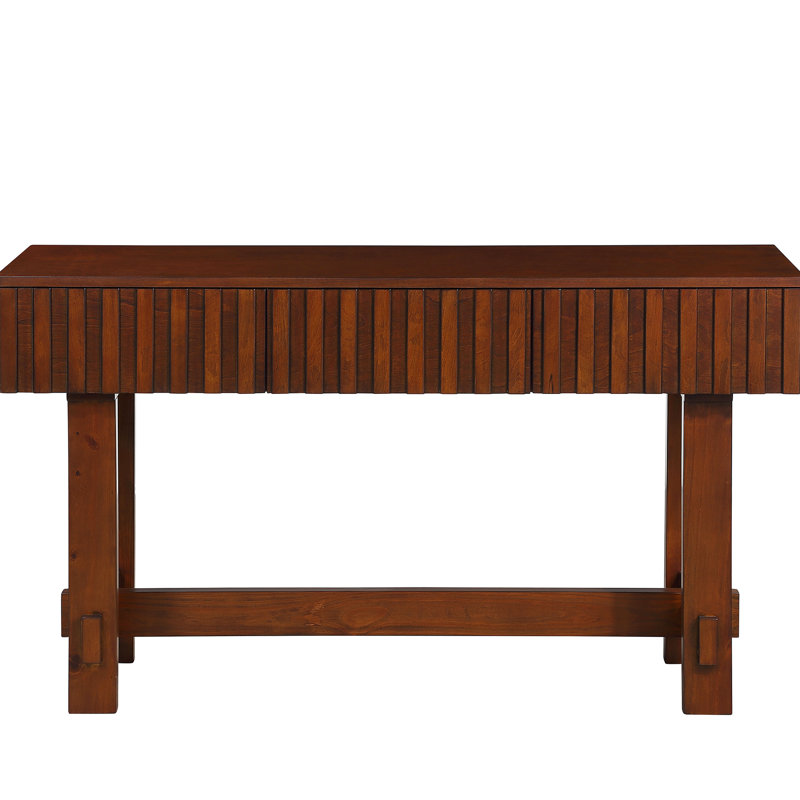 Mid Century Entryway Table With Solid Wood Legs And Console. 52 Inch, Fluted, Cherry For Foyer Console 3 Drawers. Legs,
