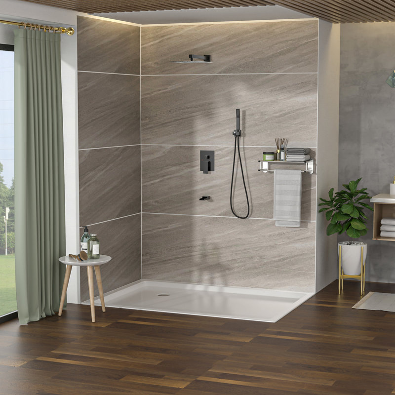 Système de douche noir mat avec bec de baignoire en cascade - douchette de pluie carrée à fixation au plafond de 12 pouces, douche à main, valve, installation facile et pratiques de propreté selon les pratiques