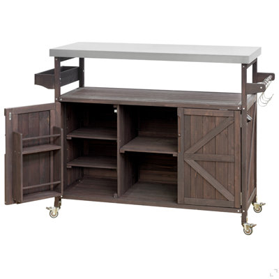 Outdoor Kitchen Island, Rolling Bar Cart & Storage Cabinet, Farmhouse Solid Wood Outdoor Grill Table with Stainless Steel Top, Spice Rack , Towel Rack for Kitchen & Barbecue