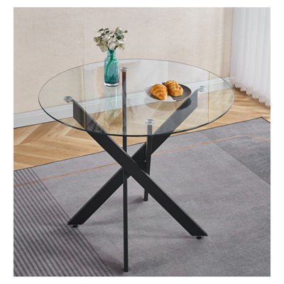 Round Dining Table with cross metal leg and tempered glass
