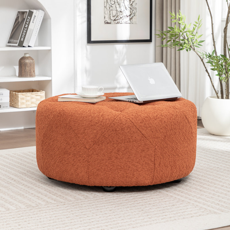Castanedo Upholstered Round Ottoman, Boucle - Orange