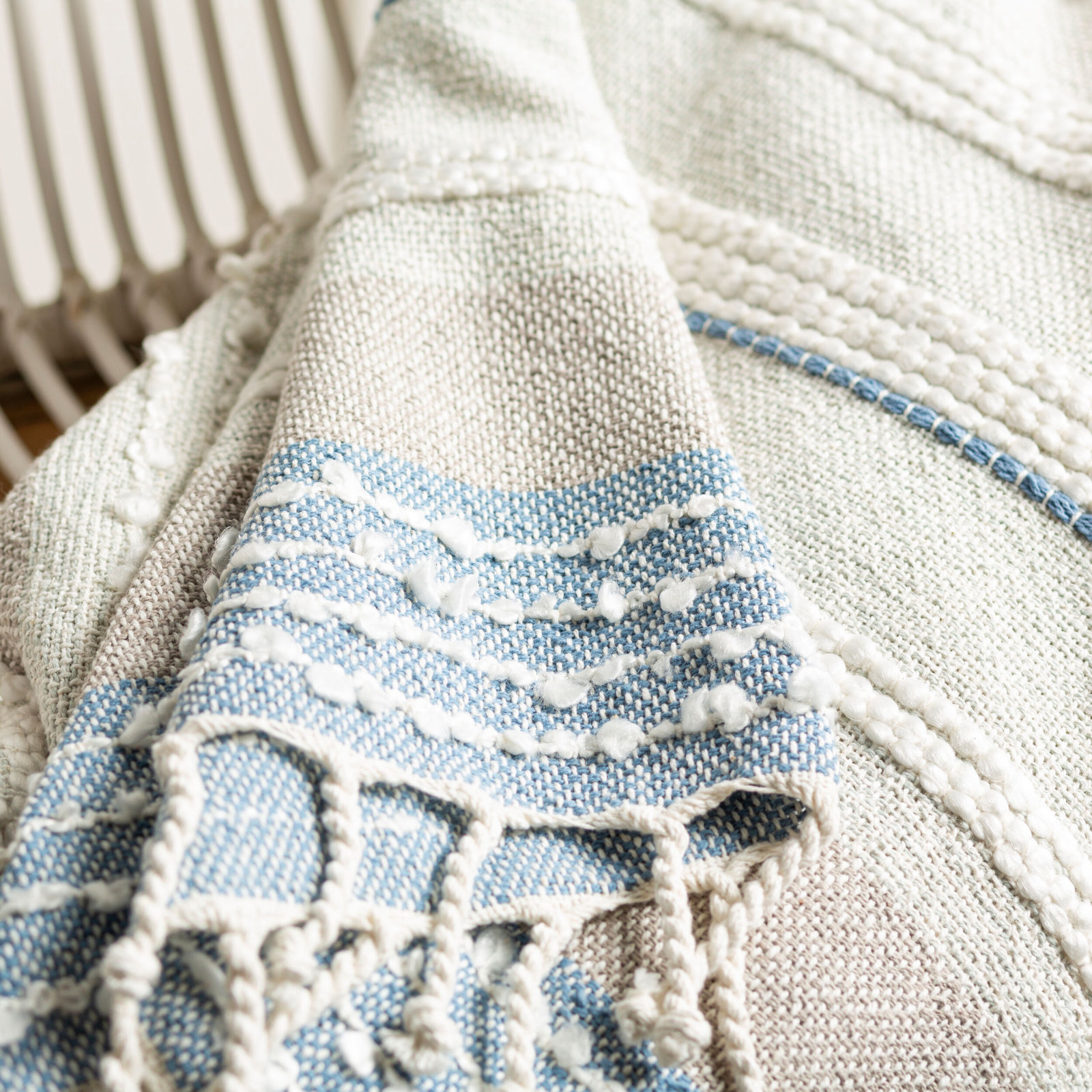 Bara Cotton Blend Hand Woven Throw Blanket, Gray/Denim