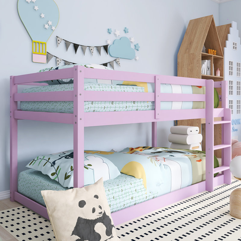 Wood Frame Twin Over Twin Size Bunk Bed With Ladder,Strengthened Slats, Pink