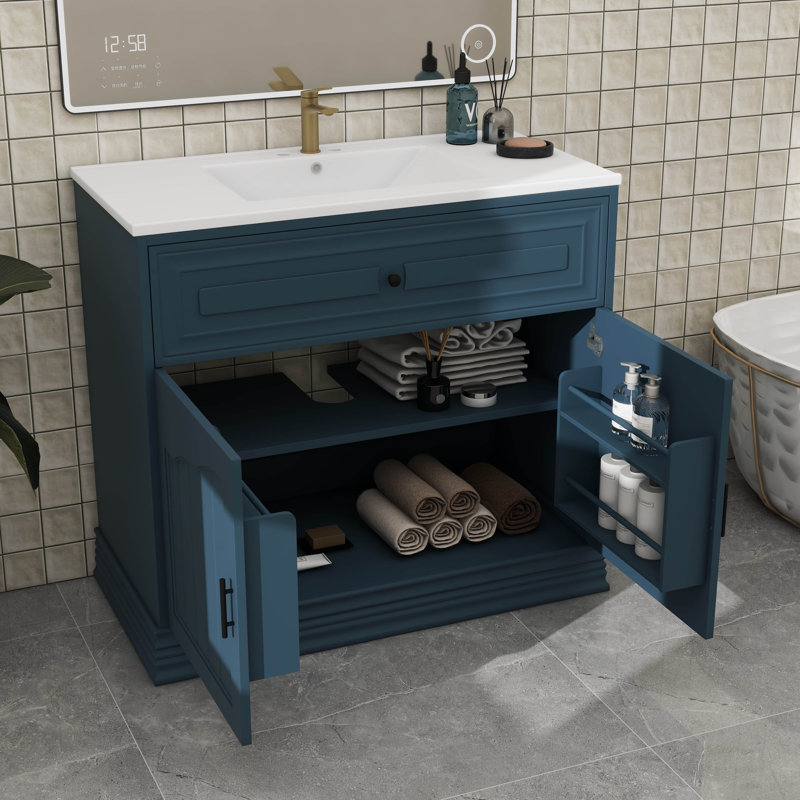 Meuble-lavabo de 36 pouces avec lavabo en céramique, unité de rangement pour salle de bain avec 2 portes et tablette réglable