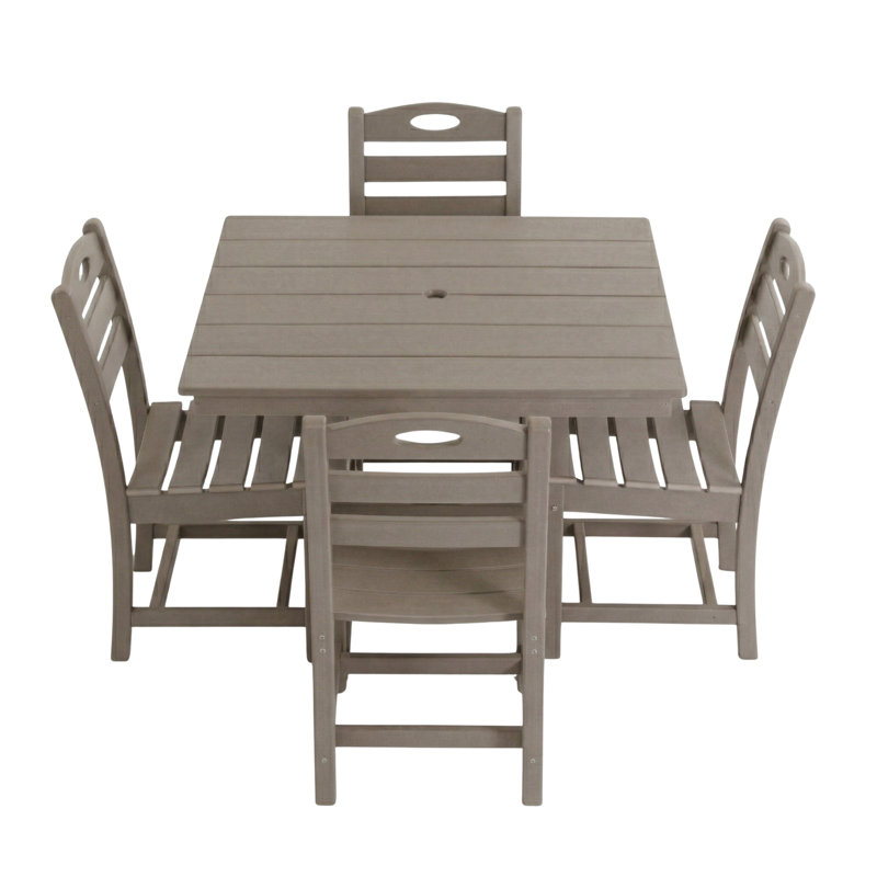 Ensemble de salle à manger 5 pièces en PEHD toutes saisons, 4 places, trou pour parasol, blanc, Blanc