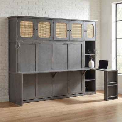 Antique Gray Full-Size Murphy Bed With A Desk And Rattan Cabinet, Suitable For Home And Office Use