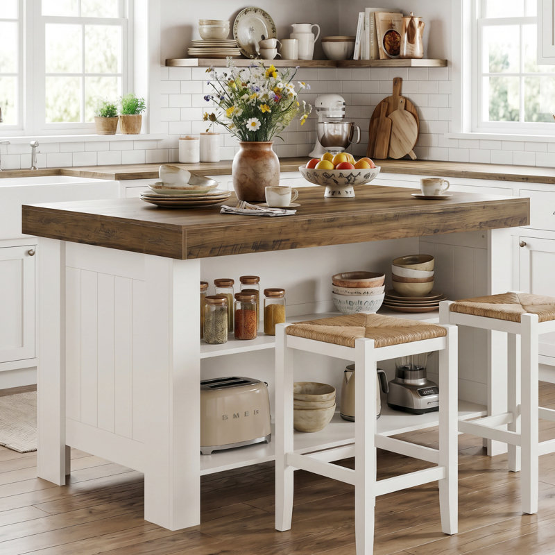 Wood Kitchen Island With Storage Shelf, 55.12" Farmhouse Kitchen Prep Table For Dining Room, Brown/White