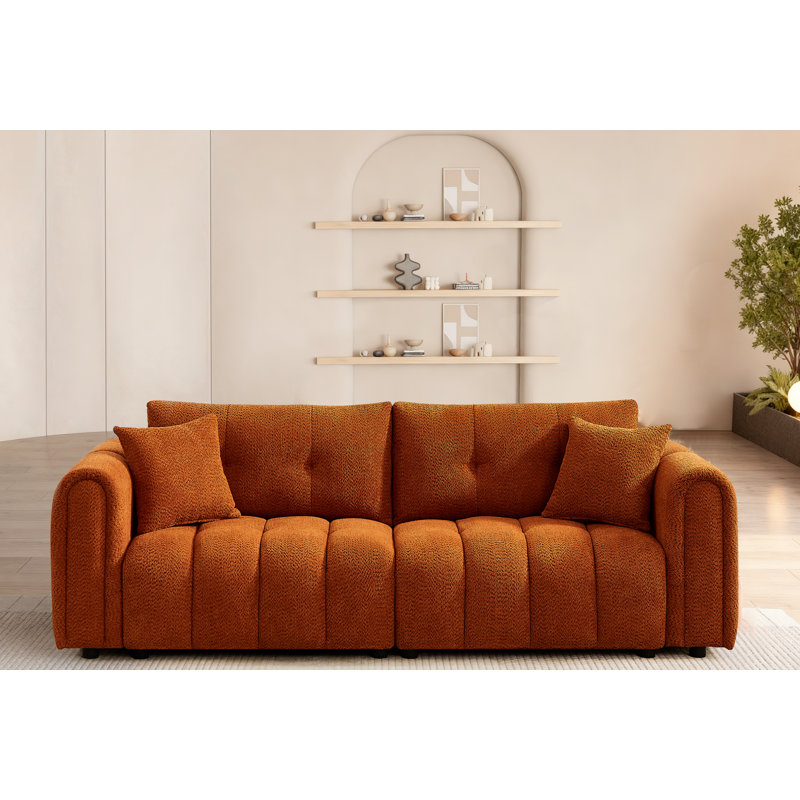 91.5" Orange Chenille Modern Tufted Sofa, Upholstered Living Room Couch with 2 Throw Pillows, Cloud Sofa for Apartment, Bedroom, Office