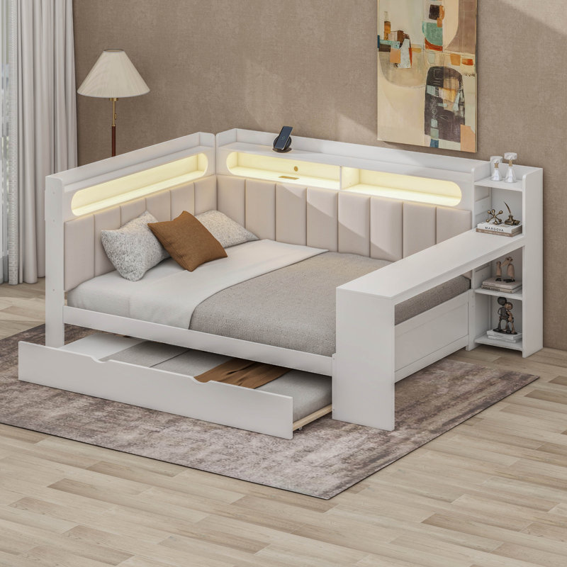 Full Size Daybed With Storage Shelves,Trundle,Charging Station,LED Light,Desk And Upholstered Headboard And Backrest