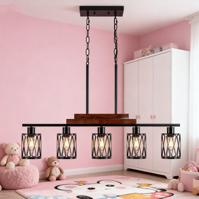 5-Light Linear Pendant Light Fixture For Kitchen Island Dining Room, Modern Farmhouse Chandelier With Adjustable Height And Dimmable Lighting, Matte Black Metal And Solid Wood Design