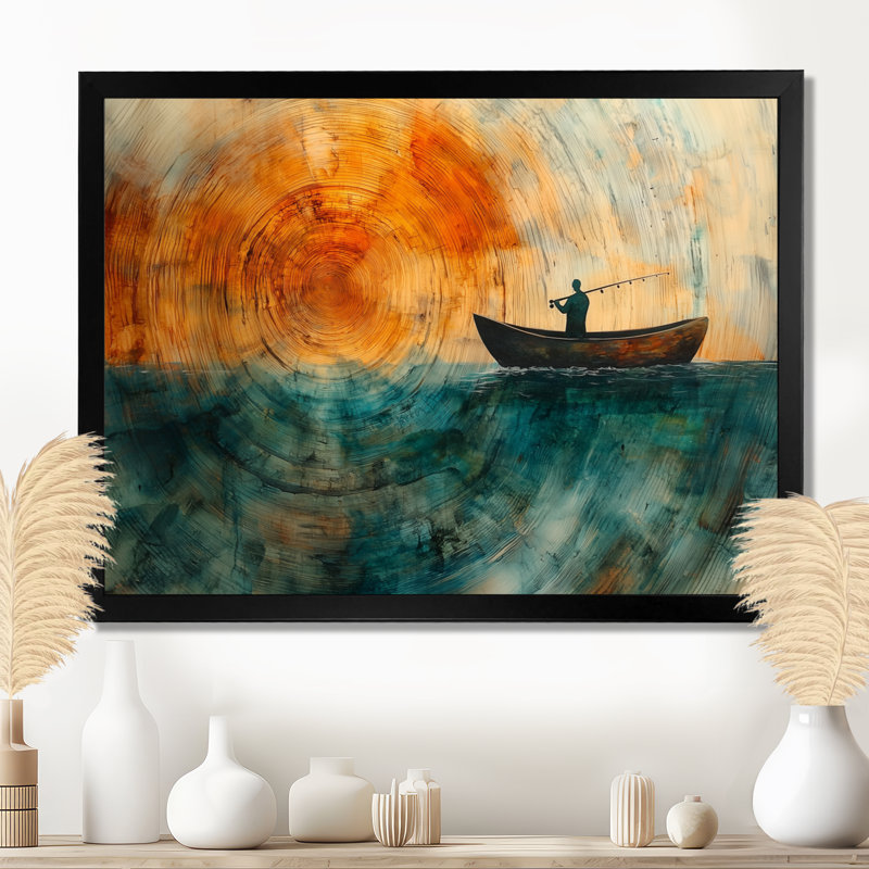 Fishing Tranquility Wooden Slide Landscape I - Boat Fishing Wall Art, 12" H x 20" W, Black, Single Picture Framed